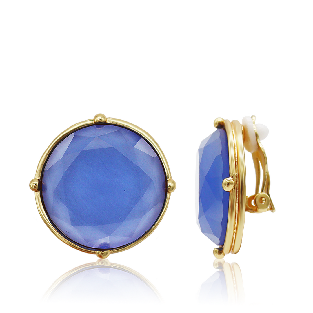 Soft Denim Blue Cabochon Clip-On Earrings with faceted glass detail