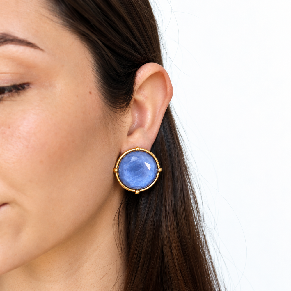 Soft Denim Blue Cabochon Clip-On Earrings worn on model