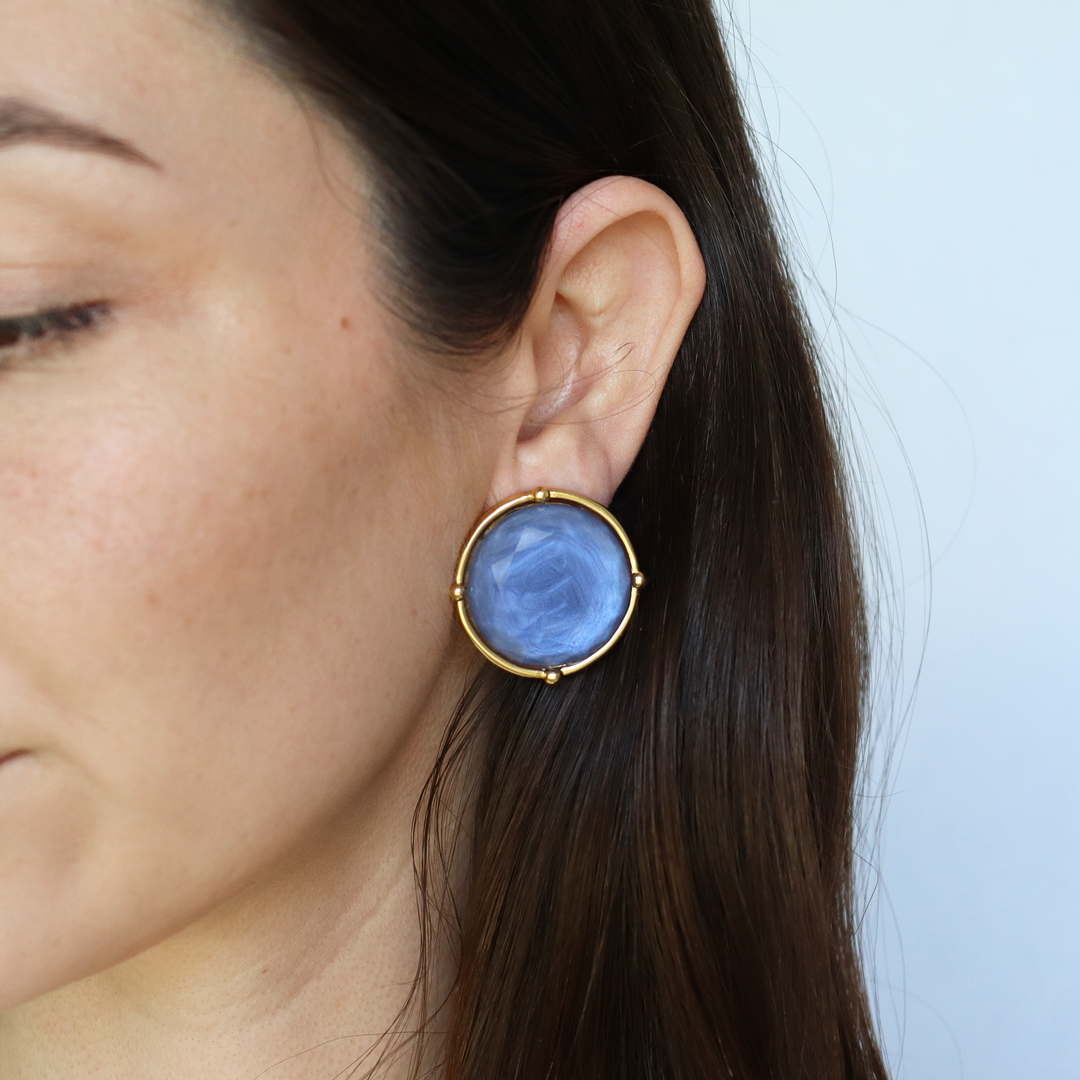 Soft Denim Blue Cabochon Clip-On Earrings worn on model