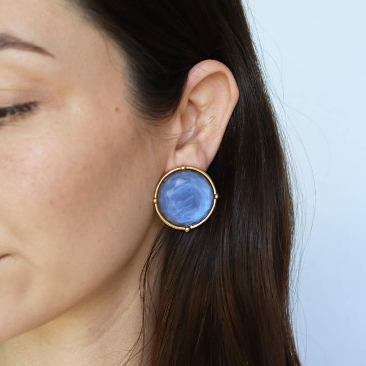 Soft Denim Blue Cabochon Clip-On Earrings worn on model