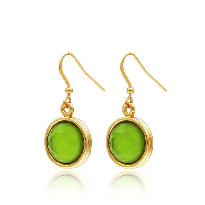 Apple Green Cabochon Dangle Earrings with round faceted glass and gold plated bezels