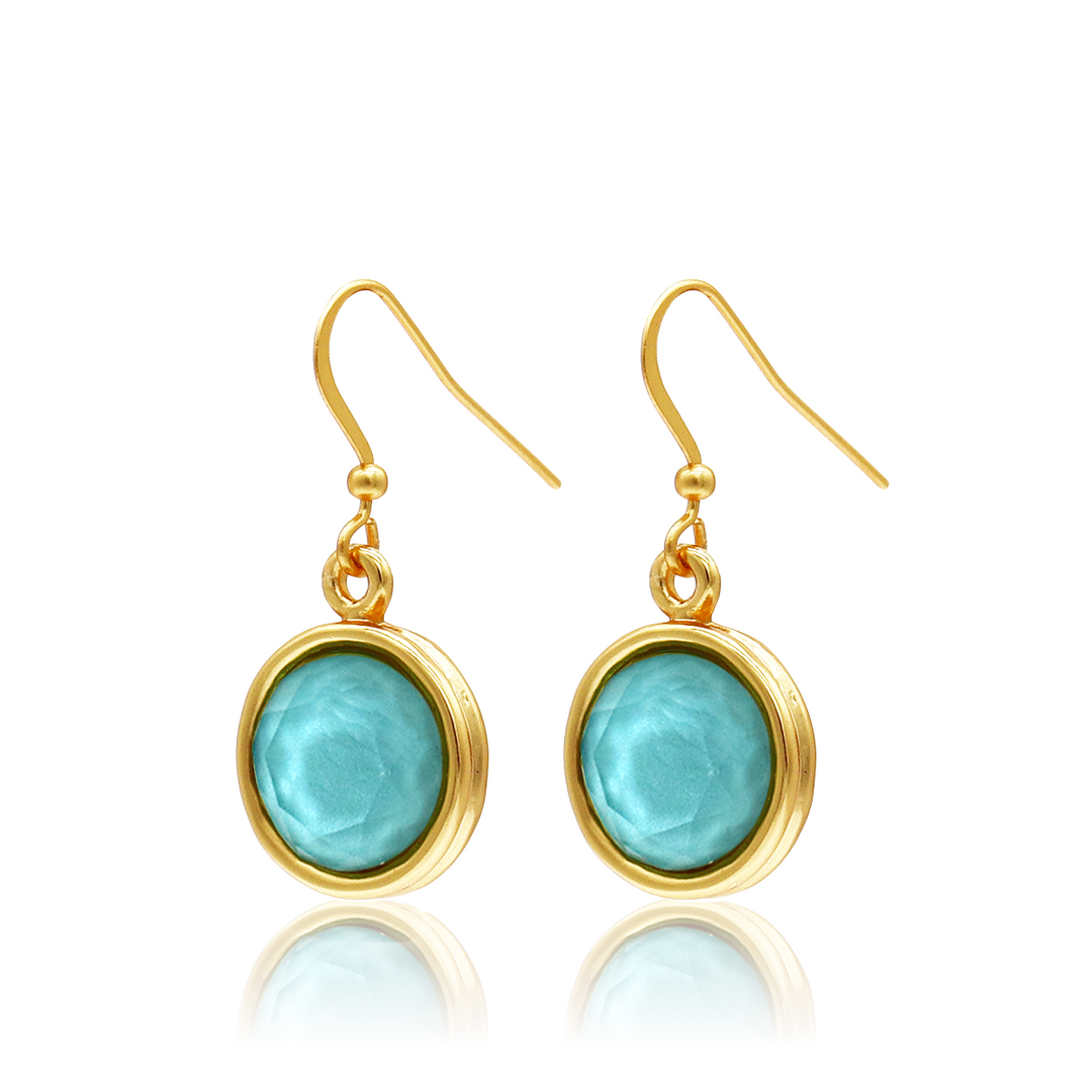 Iridescent Aquamarine Cabochon Dangle Earrings with turquoise glass and French wire hooks
