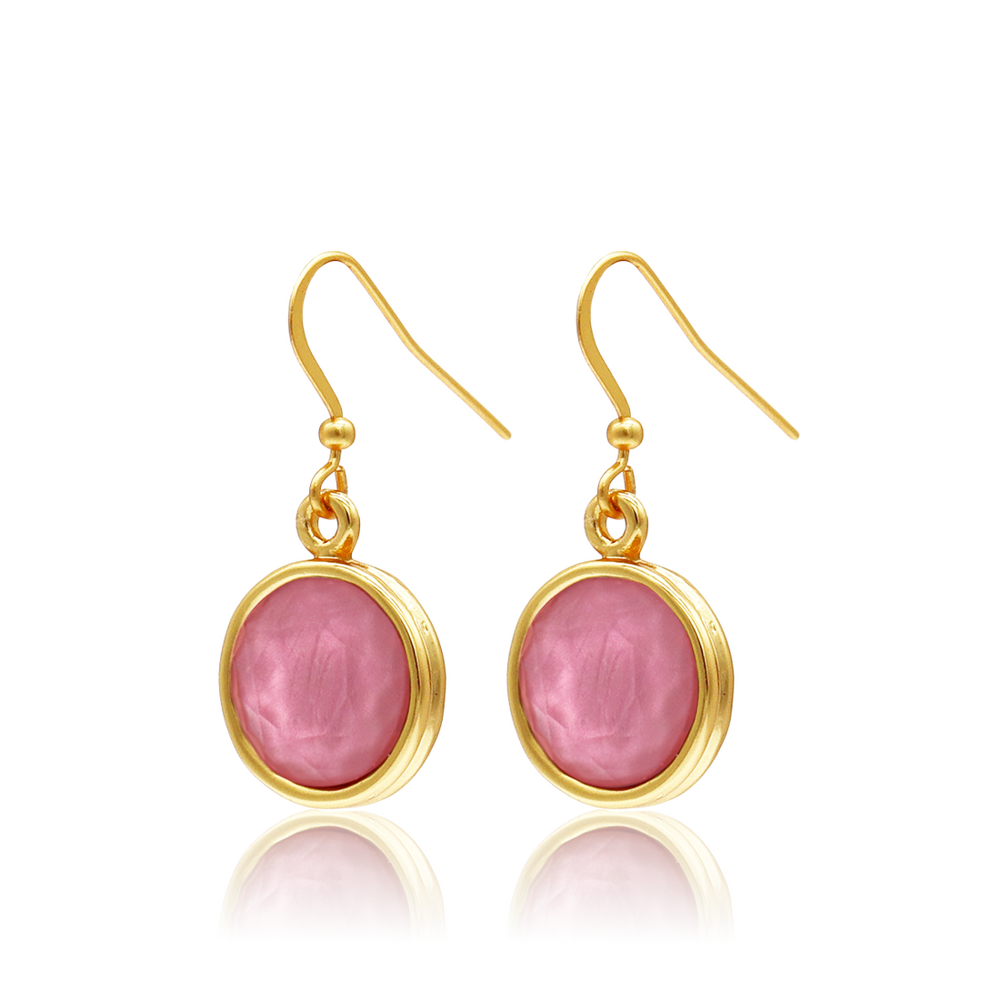 Peony Pink Cabochon Dangle Earrings with faceted pink glass and rounded bezels