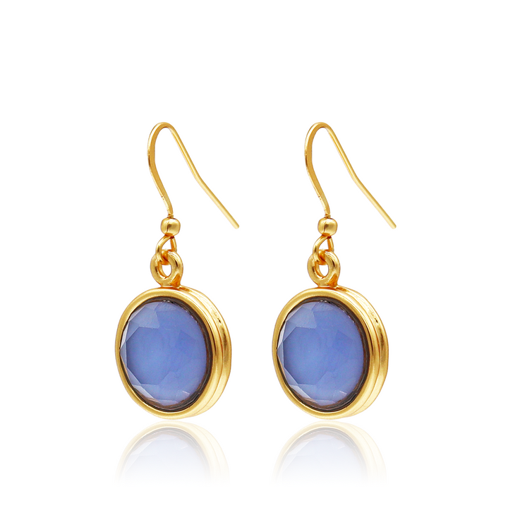 Soft Denim Blue Cabochon Dangle Earrings with round blue glass and gold plated settings