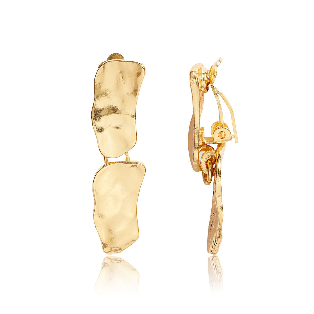 Gold Cobblestone Drop Clip-On Earrings with two organic hammered links and adjustable closures