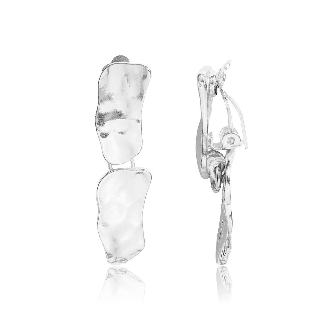Silver Cobblestone Drop Clip-On Earrings with two irregular metal links and visible clip closures