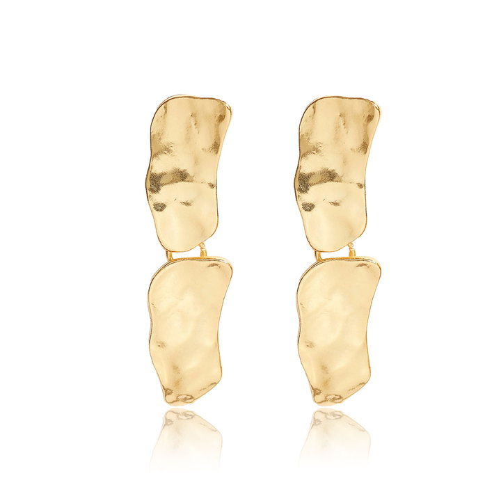 Gold Cobblestone Drop Earrings with two irregular hammered plates and polished surfaces
