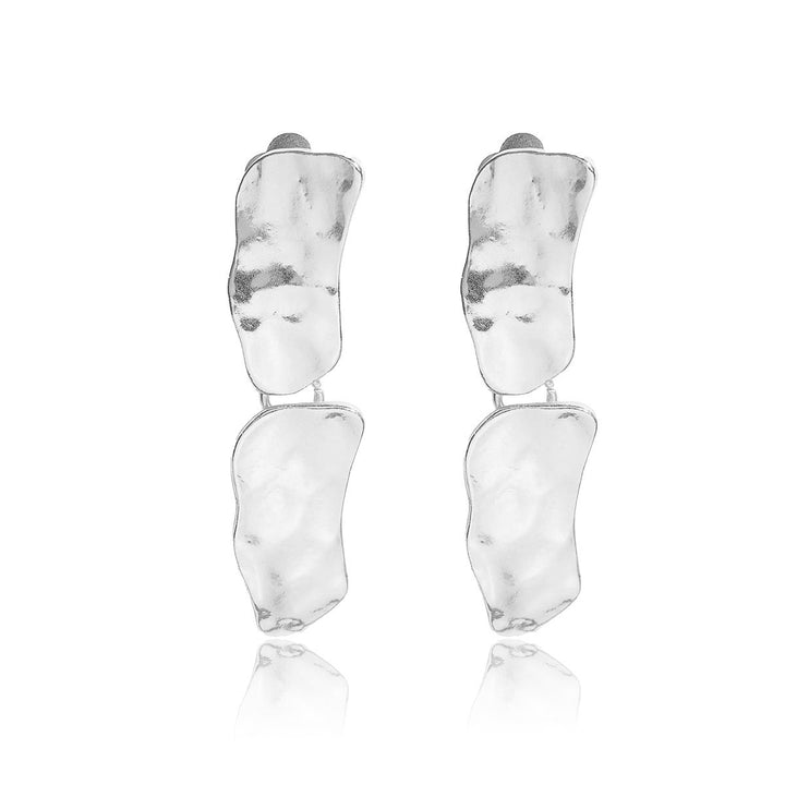 Silver Cobblestone Drop Earrings with two elongated organic plates and softly hammered finish