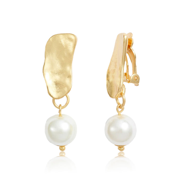 Gold Cobblestone Pearl Clip-On Earrings with textured irregular tops and dangling faux pearls