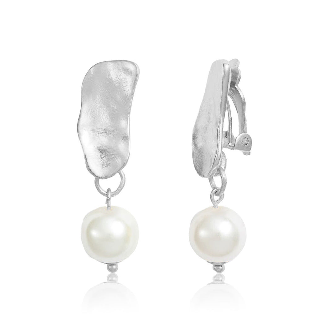 Silver Cobblestone Pearl Clip-On Earrings with softly hammered tops and dangling white faux pearls