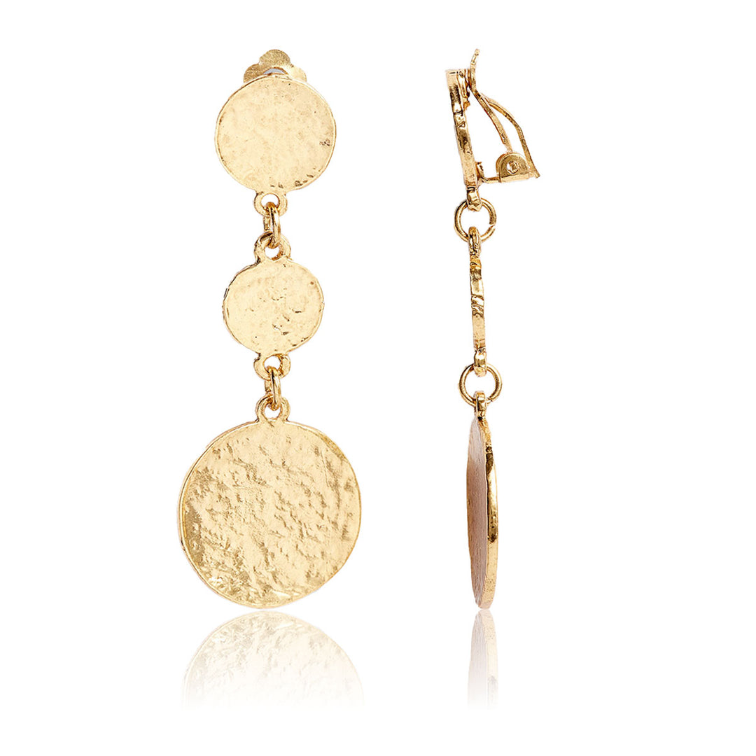 Gold Coin Trio Clip-On Earrings with three hammered medallions and visible clip-on backs