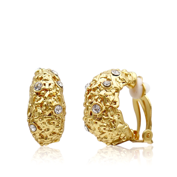 Crystal Nest Clip-On Earrings with woven gold plated texture, clear CZ stones and padded clips