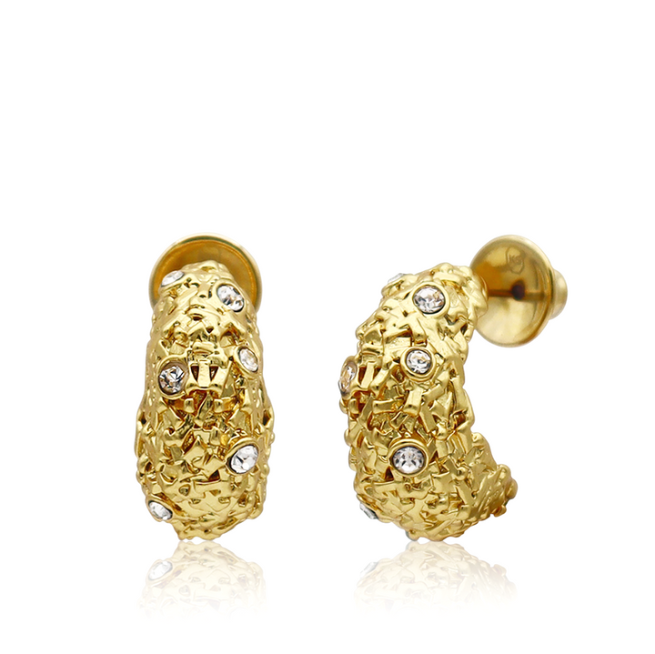 Crystal Nest Hoop Earrings with woven gold plated texture and clear CZ stones