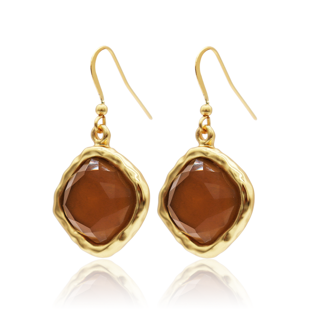 Espresso Cushion Bezel Drop Earrings with brown faceted glass and irregular gold plated bezels