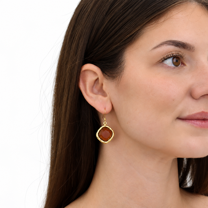 Espresso Cushion Bezel Drop Earring worn on model showing warm brown glass