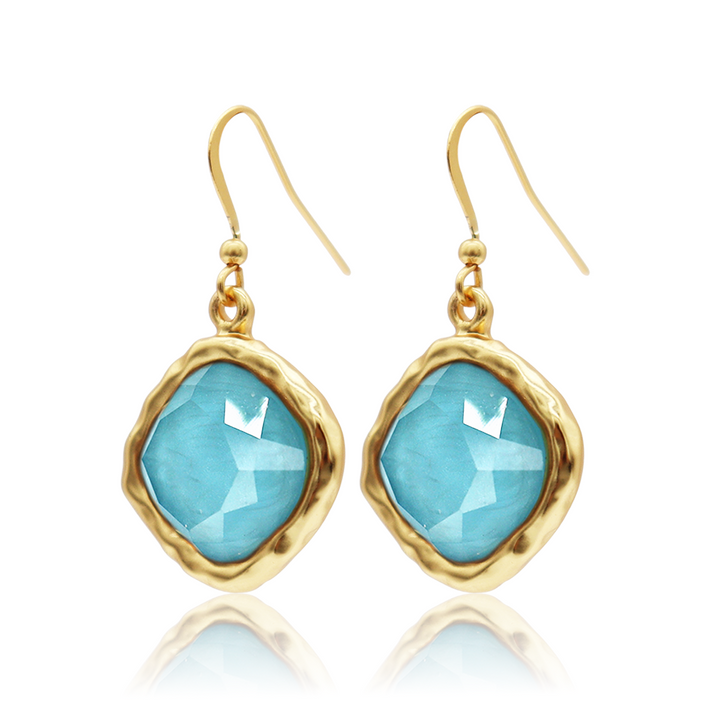 Iridescent Aquamarine Cushion Bezel Drop Earrings with turquoise glass and sculpted bezels