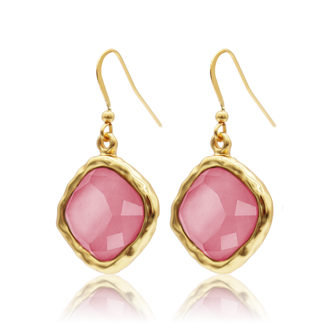 Peony Pink Cushion Bezel Drop Earrings with faceted glass and sculpted gold plated frames