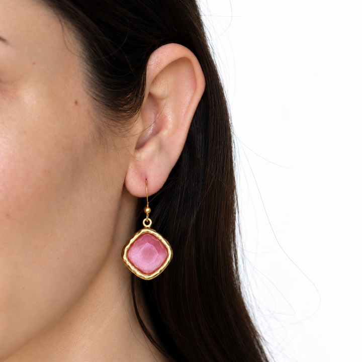 Peony Pink Cushion Bezel Drop Earring worn on model showing French wire closure