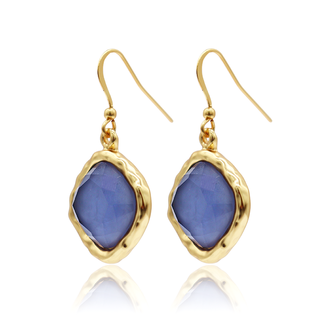 Soft Denim Blue Cushion Bezel Drop Earrings with faceted blue glass and gold plated settings