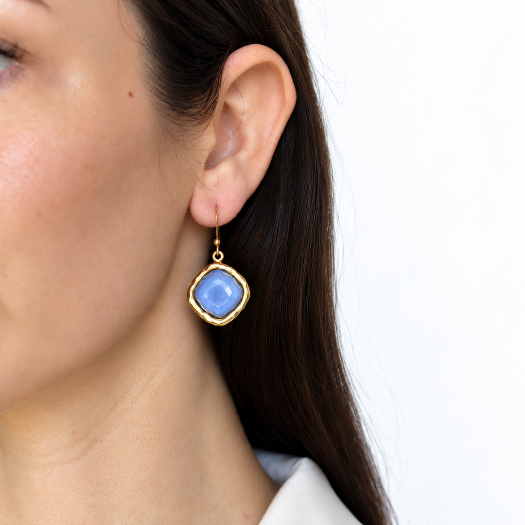 Soft Denim Blue Cushion Bezel Drop Earring worn on model with French wire