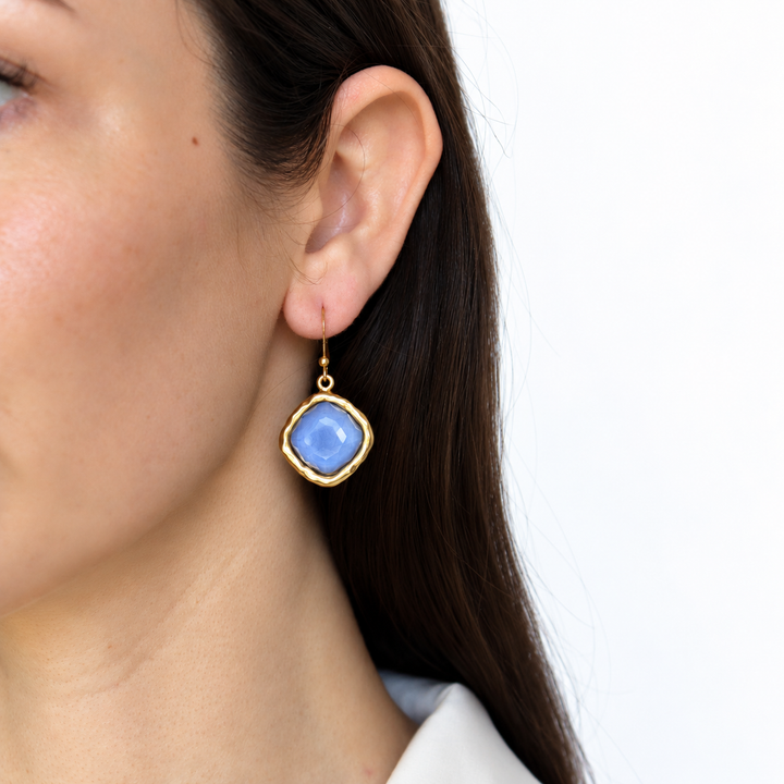 Soft Denim Blue Cushion Bezel Drop Earring worn on model with French wire
