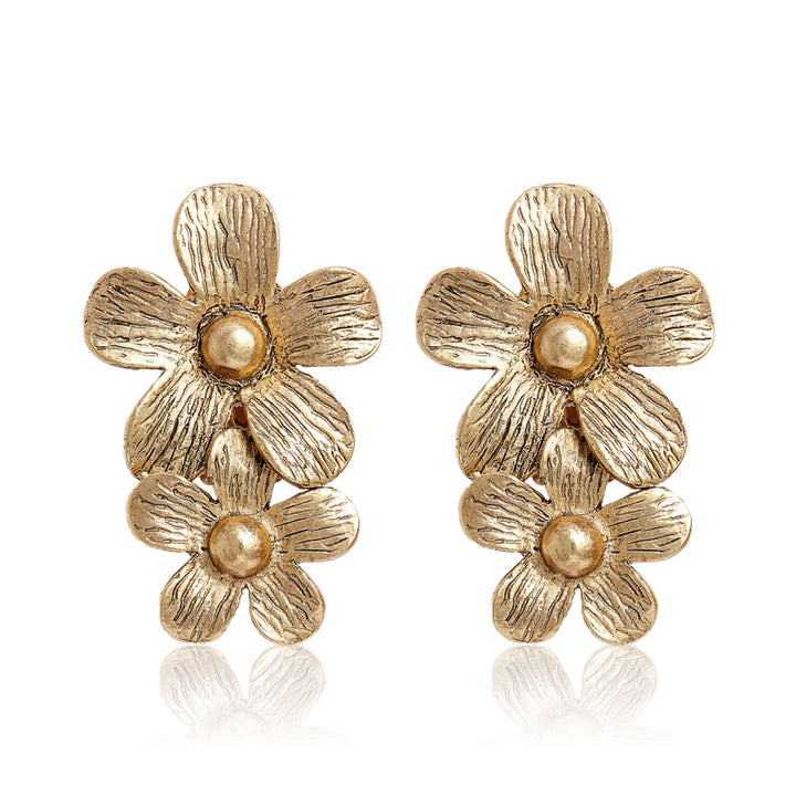 Gold Daisy Statement Drop Earrings with two cascading five-petal flowers and textured petals