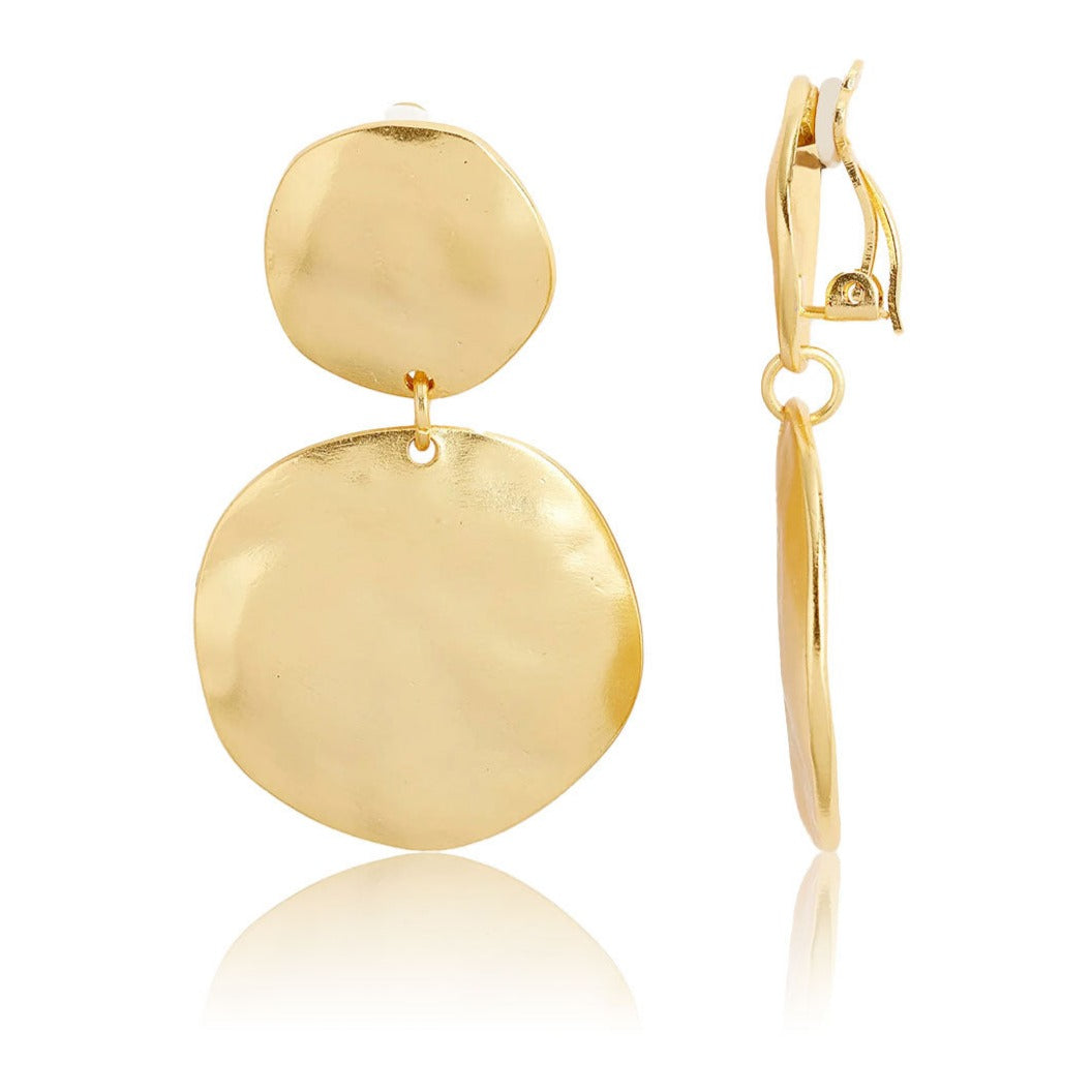 Gold Double Disc Clip-On Earrings with two textured dangling discs and adjustable backs