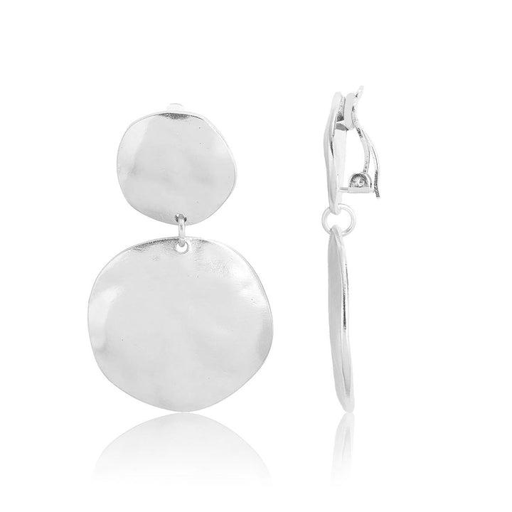 Silver Double Disc Clip-On Earrings with irregular round discs and visible adjustable clips