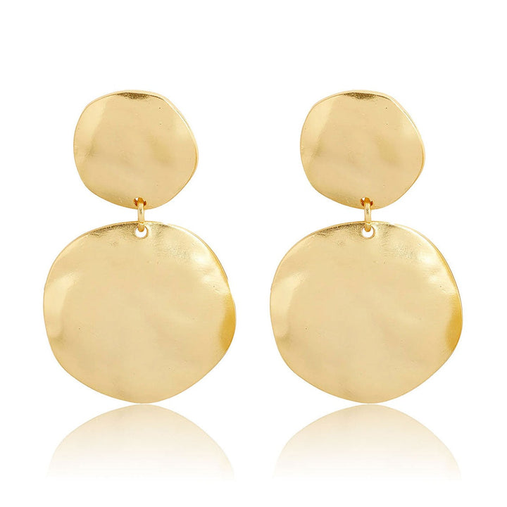 Gold Double Disc Drop Earrings with two linked polished discs and softly textured surfaces