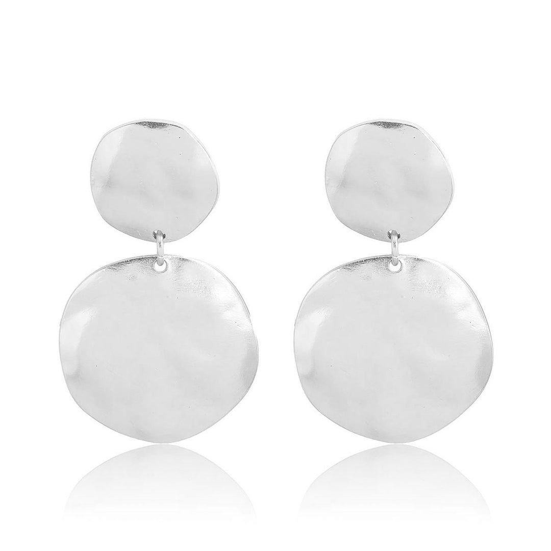 Silver Double Disc Drop Earrings with two softly irregular linked discs and polished surfaces