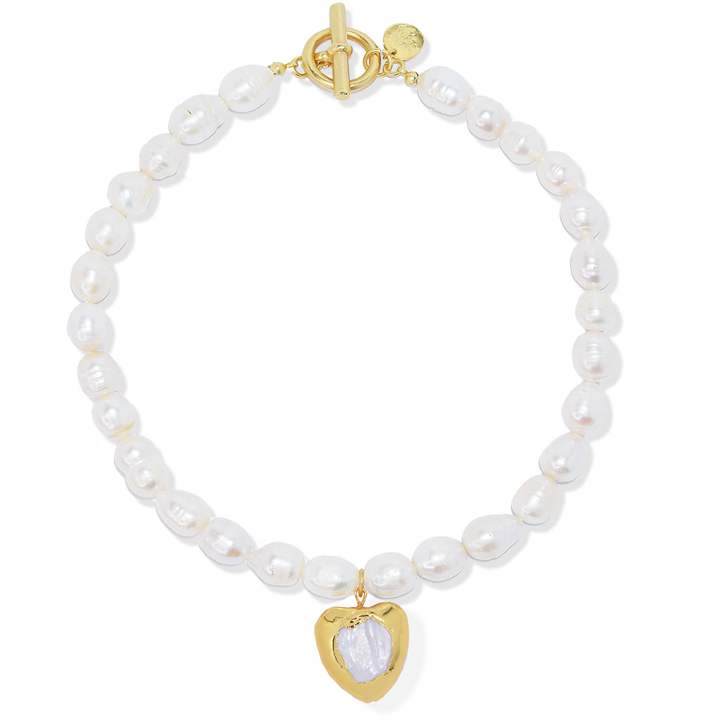 Pearl necklace with mother of pearl heart pendant