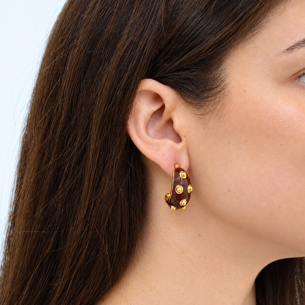 Espresso Enamel Dots Hoop Earrings worn on model