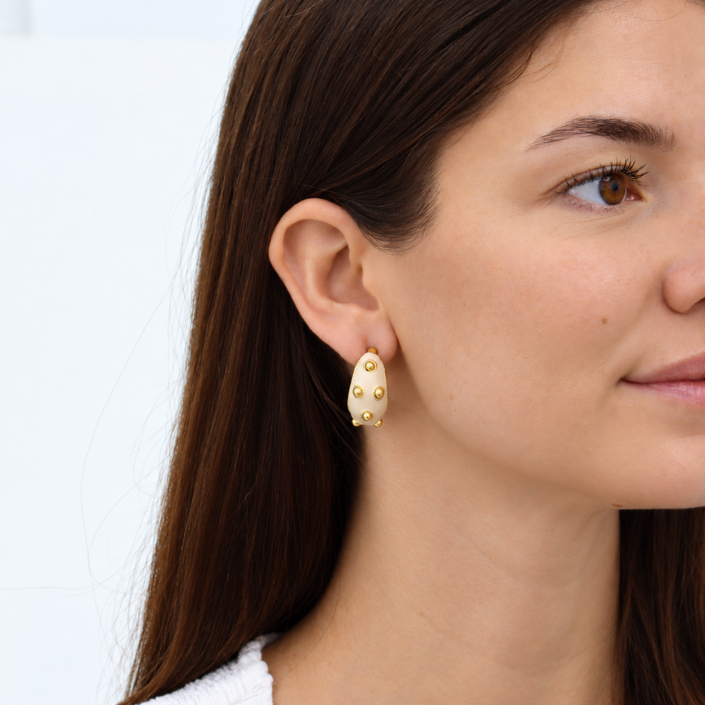 Oat Milk Enamel Dots Hoop Earrings worn from front