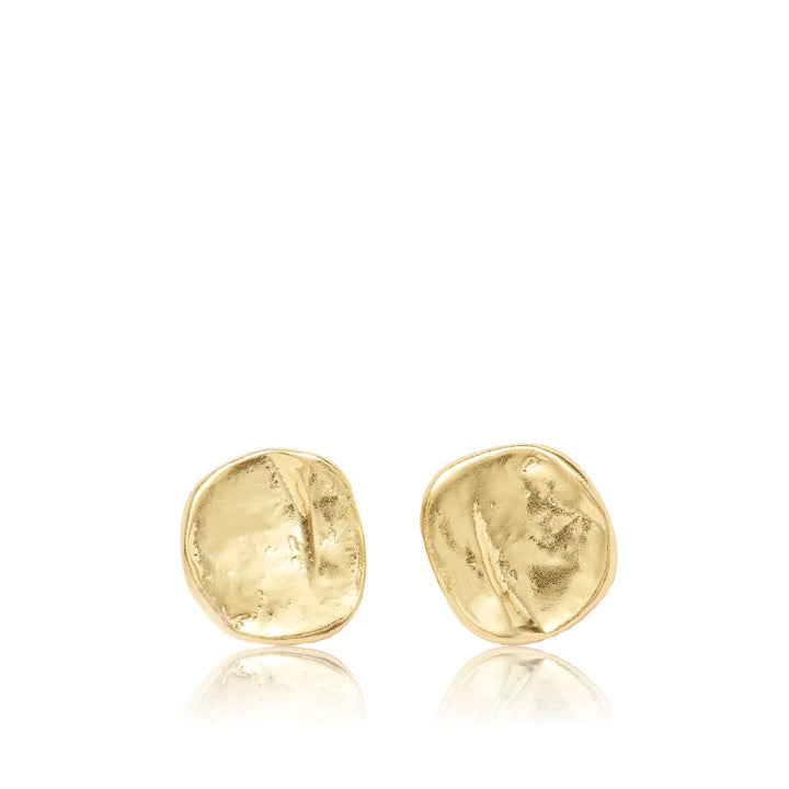 Gold Everyday Stud Earrings with small irregular flat discs and softly hammered texture