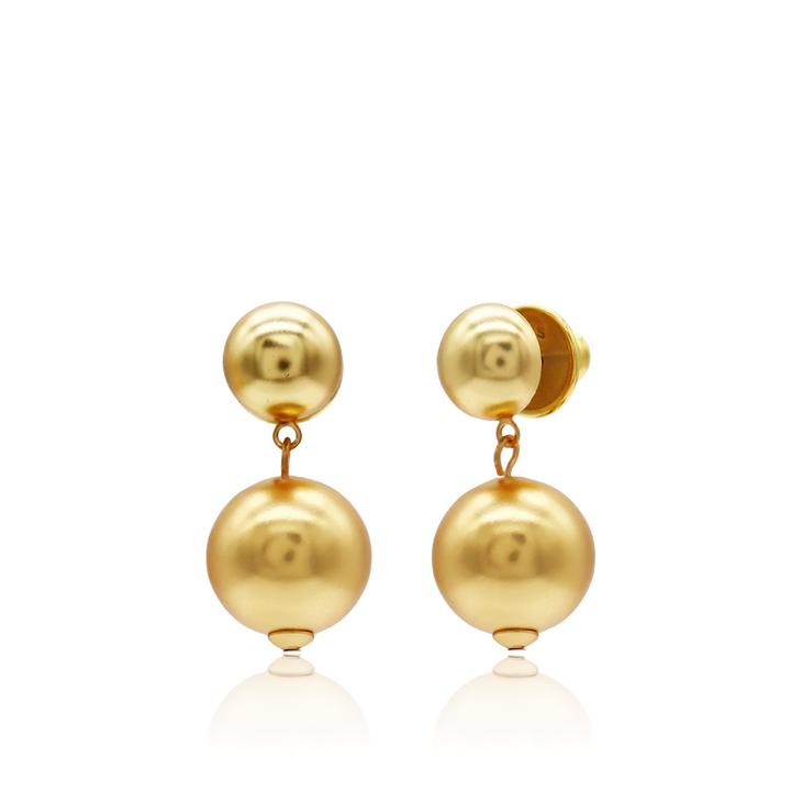 Golden Sphere Drop Earrings with two rounded gold plated beads and post-back closures