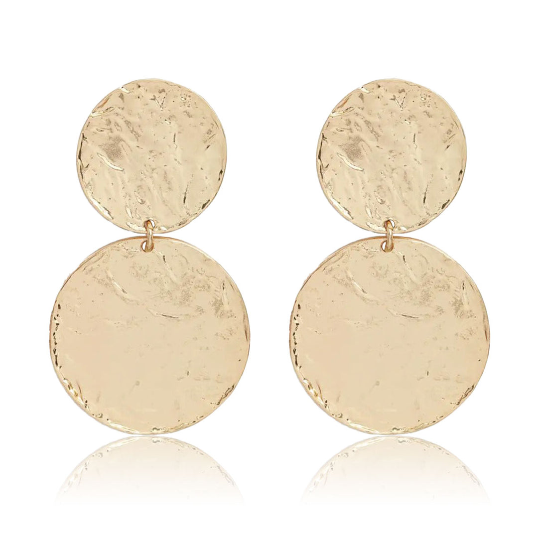 Gold Hammered Disc Statement Earrings with two oversized textured discs and post-back closures