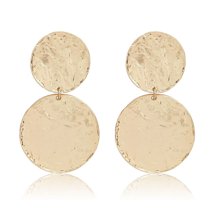 Gold Hammered Disc Statement Earrings with two oversized textured discs and post-back closures