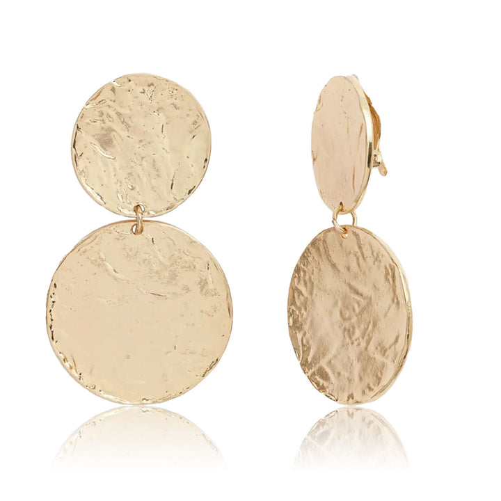 Gold Hammered Discs Clip-On Earrings with two oversized textured discs and adjustable closures