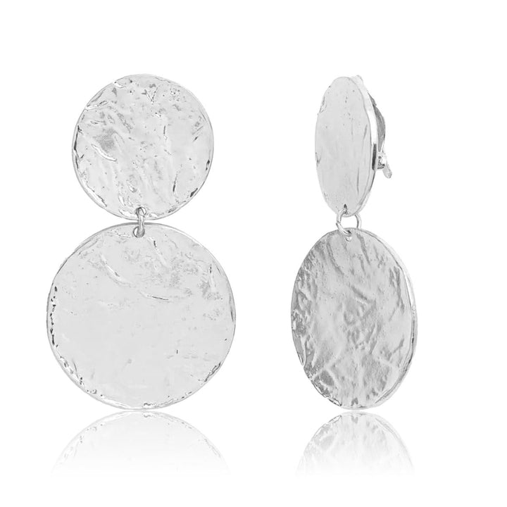 Silver Hammered Discs Clip-On Earrings with oversized textured discs and visible adjustable backs