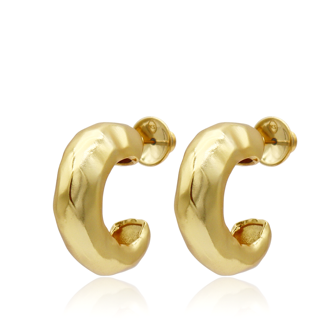 Hammered Metal Hoop Earrings with chunky curved shape and textured 24K gold plated finish