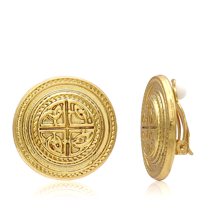 Coin Medallion Clip-On Earrings with engraved geometric design and padded clip-back closure
