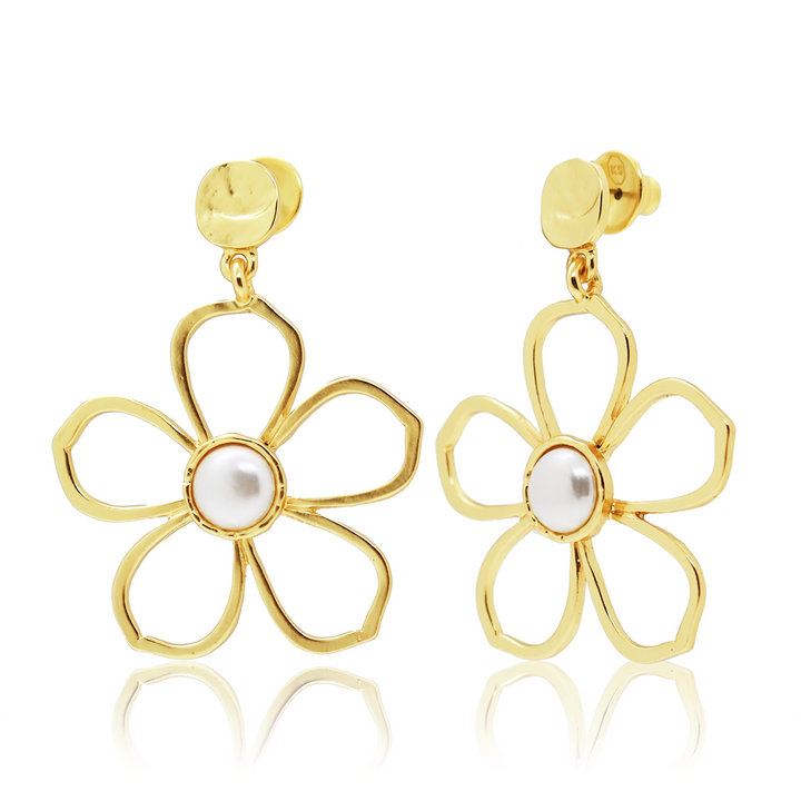 large gold flower with a pearl in the center, drop statement earrings by karine sultan