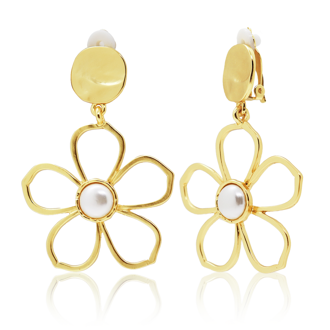 large gold flower earrings with a pearl in the center clip on earrings by karine sultan