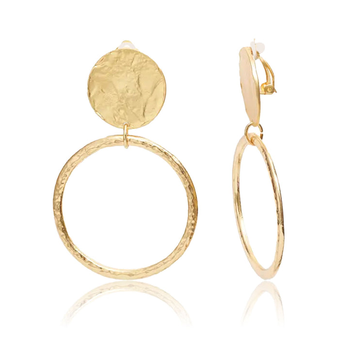 Loopa Clip-On Earrings with hammered round gold discs and oversized open circular pendants