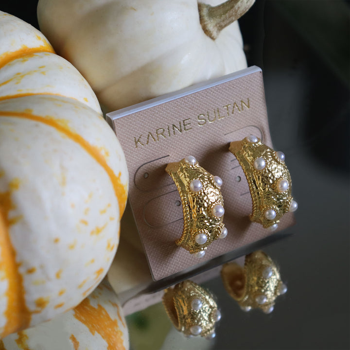 Mademoiselle Pearl Hoop Earrings displayed on Karine Sultan card with textured gold and pearls