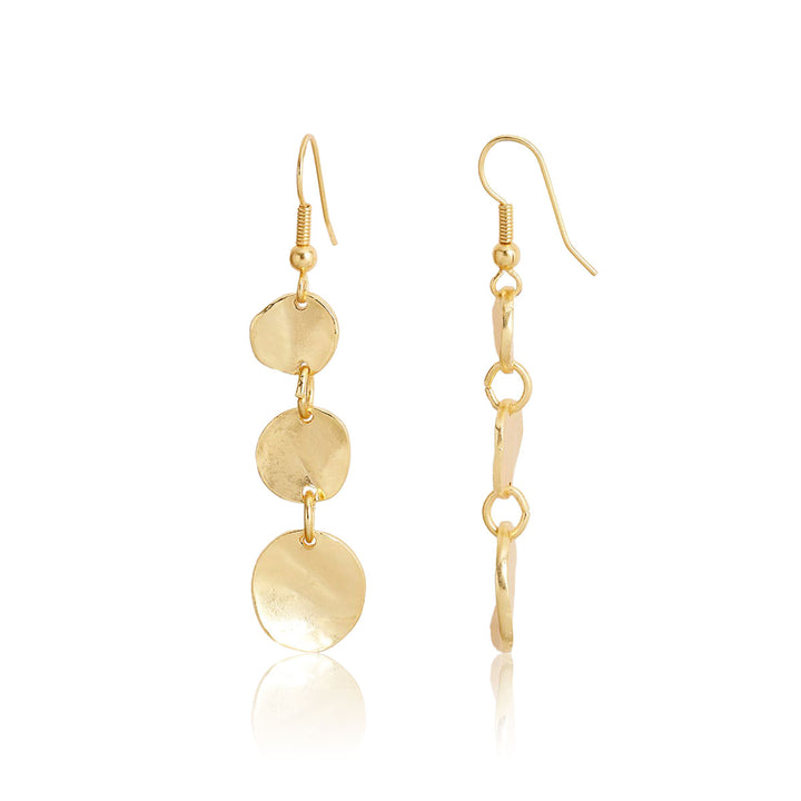 Gold Medallion Discs Drop Earrings with three linked 24K gold plated discs and French wires