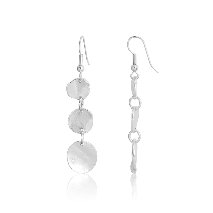 Silver Medallion Discs Drop Earrings with three linked round discs and French wire hooks