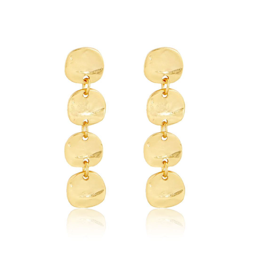 Gold Mini Coin Linear Drop Earrings with four linked hammered medallion discs