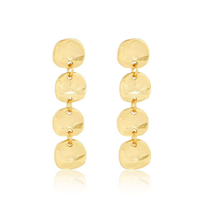 Gold Mini Coin Linear Drop Earrings with four linked hammered medallion discs