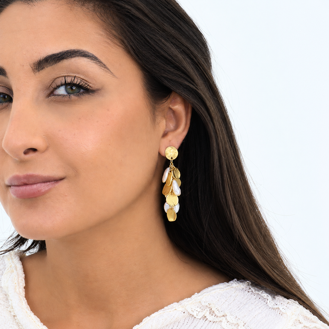 Mini Coin Pearl Drop Earring worn on brunette model with cascading gold discs and pearls